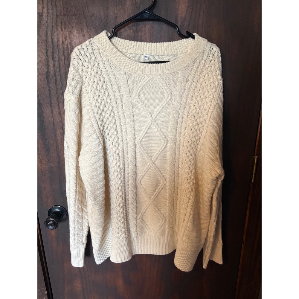 Cream Cable Knit Crewneck Sweater Womens XL Long Sleeve Pullover Ivory